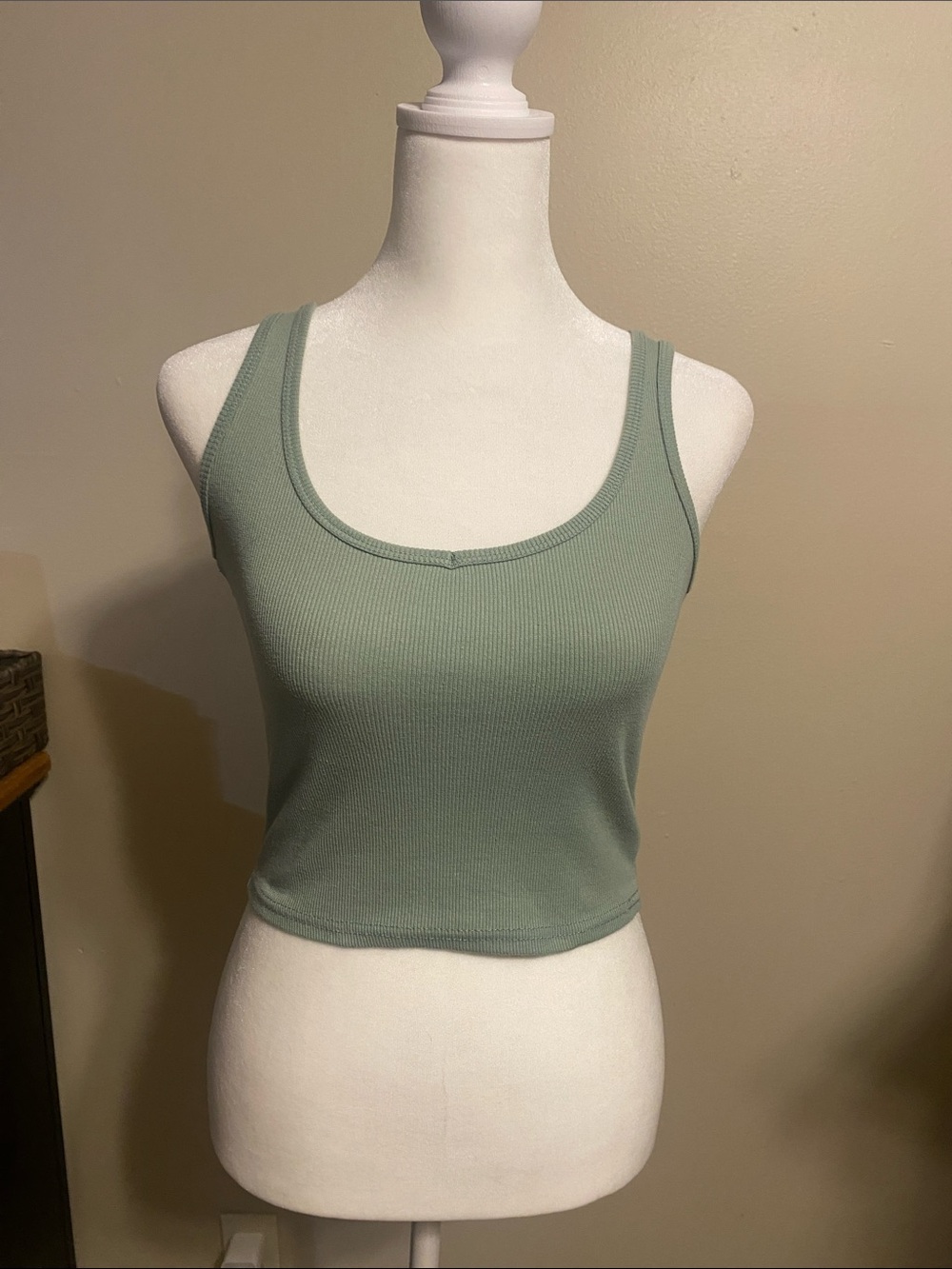 Scoop Neck Ribbed Tank Crop Top - Sage Green